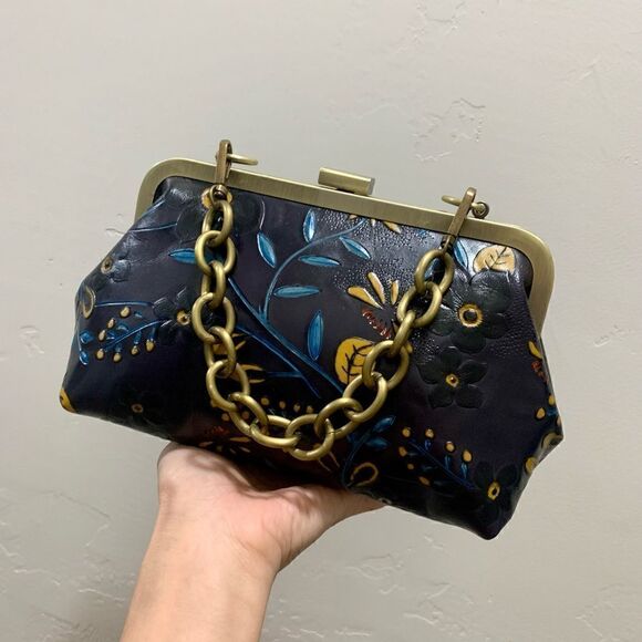 Handmade Genuine Leather Floral Embossed Push-lock Clutch/Shoulder Bag/Crossbody - Picture 7 of 16